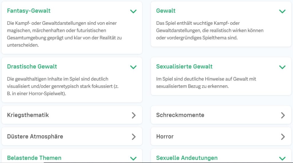 Screenshot von der Website usk.de, beschrieben werden die unterschiedlichen Gewalt-Stufen in Computer-Spielen: Fantasy-Gewalt, Drastische-Gewalt, Comic-Gewalt, Sexualisierte Gewalt